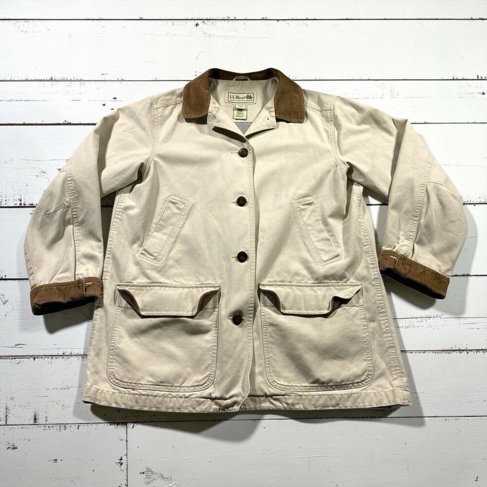 LL Bean Chore Coat Women's Size LARGE Tan Brown Canvas Lined Field Work Jacket